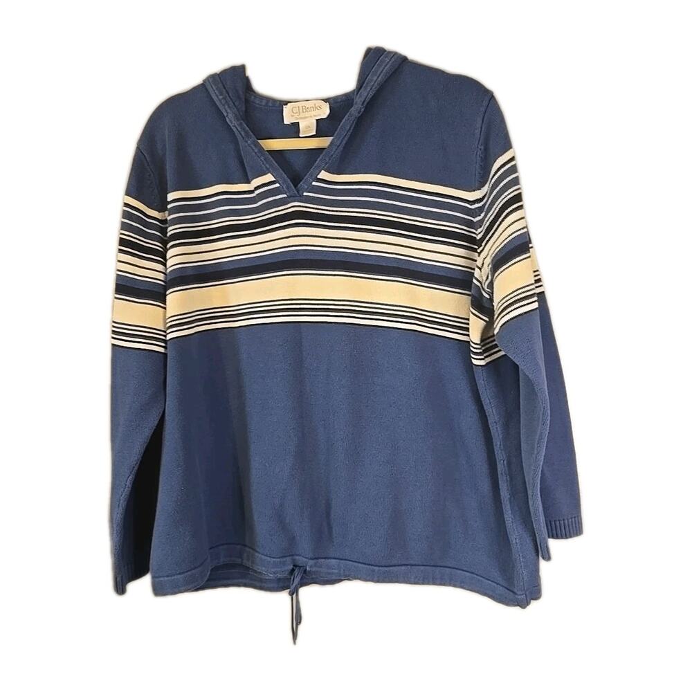 Vintage Y2K CJ Banks Blue Striped Knit Preppy Hooded Sweatshirt Womans Size 2X